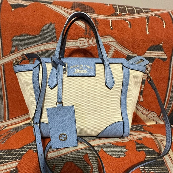 GUCCI ❤️🌟 CREAM/BLUE SATCHEL BAG WITH LONG STRAP ⭐️ - Picture 1 of 11